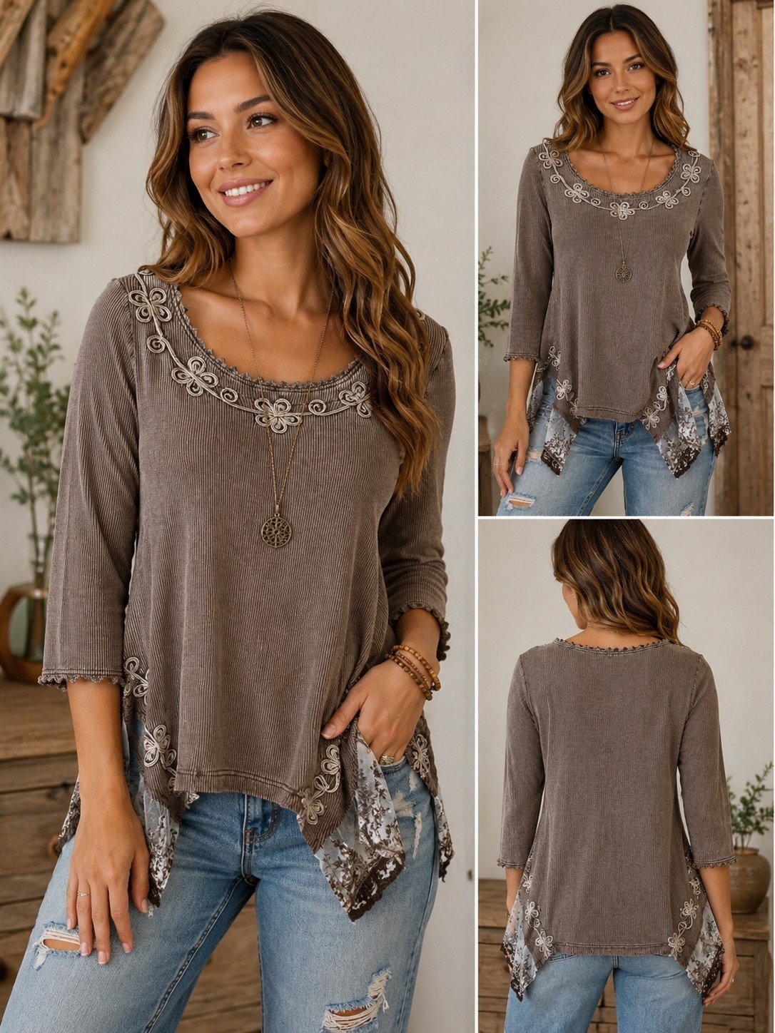 Peruvian Cotton Embroidered Scoop Neck Long-Sleeve Top - Taupe